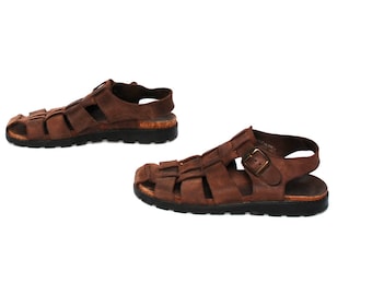 size 8 BUCKLE brown leather 80s 90s FISHERMAN slingback woven STRAPPY sandals
