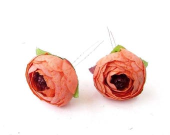 2 x Peach Rose Bud Flower Hair Pins Vintage Bridesmaid Clip 1950s Bridal 3519