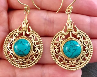 Turquoise brass earrings, tribal earrings, statement earrings, drop earrings, turquoise jewelry, boho earrings, Indian gold earrings