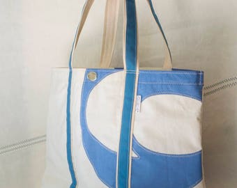 Terapin Beach Bag, Large Sailcloth Tote, Recyced sails, original Blue sail numbers
