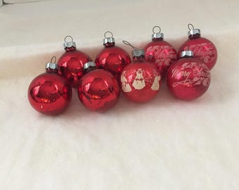Set of 8 Red Mercury Glass Red Ball Ornaments Stencil Angel Merry Christmas Vintage Made in USA
