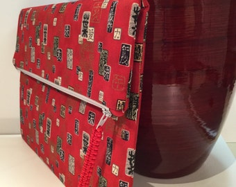 Foldover clutch, Red Japanese Kanji, envelope clutch, zipper clutch, fabric clutch purse, casual clutch, one of a kind purse, handmade bag
