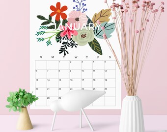 2019 Calendar Printable, Letter Size Printable Calendar, Floral Spray Design, 2019 Wall Calendar, DIY Printable