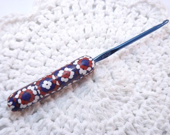Ergonomic Polymer Clay Covered Crochet Hook Handcrafted Red, White and Blue Granny Squares Boye F