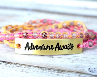 Adventure Awaits Strawberry Quartz Wrap Bracelet, Hemp Wrap Bracelet, Quote Pendant Wrap Bracelet, Adjustable Bracelet, Wrap Bracelet