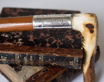 19th C. Antique Boswell's Circus Stag Horn Handle Riding Crop Trophy Award, Sterling Silver
