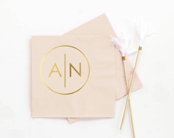 Personalized Wedding Napkins Monogrammed Cocktail Napkins Custom Printed Beverage Napkins Ivory and Gold Monogram Rehearsal Dinner Napkins