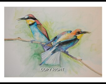 Original Watercolor painting, Colorful birds 12x9 in , yellow, purple, light color, red,