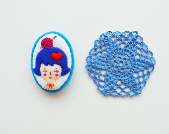 Modern Crocheter Felt Brooch / Crocheter Pin / Cobalt Hair Girl Felt Brooch / Felt Girl Pin / Yarn Enthusiast Felt Brooch / Crochet Love