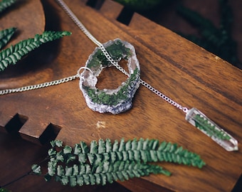 Fern necklace resin necklace Geode slice resin pendant crystal point im green