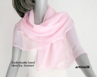 Light Pink Sheer Scarf, True Cool Pink Pure Mulberry Silk Chiffon, Petite Shawl Wrap Coverup, Girl Scarf, Unique Hand Dyed, Artinsilk.