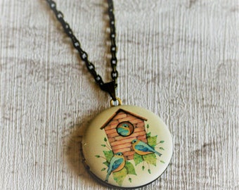 Birdhouse Locket Necklace, Bird Necklace, Woodland, Blue Bird Necklace, Nature Jewelry