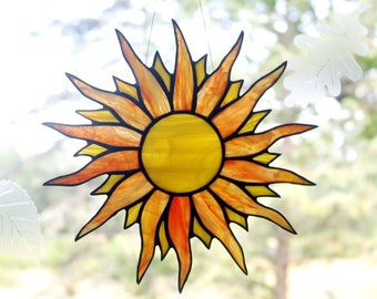 Stained Glass Sun, Suncatcher, Glass Art, Window Decor, Handmade Glass Sun Catcher, Yellow Orange Suncatchers, Stained Glass Window Panel