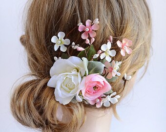 bridal hair flower, pink hair flower, wedding headpiece, bridal headpiece, hair flower wedding, bridal hair piece, rose hair clip,