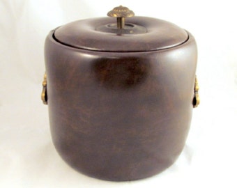 Faux Leather Ice Bucket Elmar Brown Vinyl Puffy Naugahyde Vintage