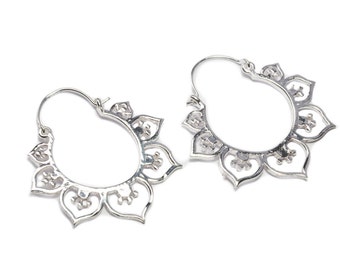 Lotus Mandala White Brass Hoop Earrings Tribal Earrings Jewellery Free UK Delivery Gift Boxed WB47