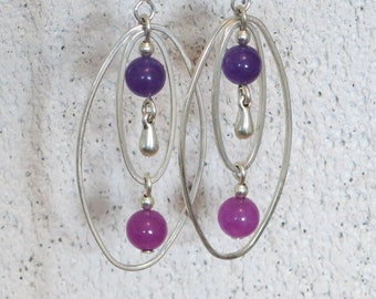 Earrings, purple and fuchsia, drops silver, oval, light jewelry