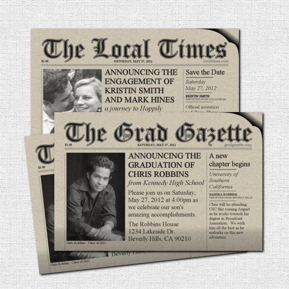 newspaper invitation or announcements printable personalized newspaper style invitation template