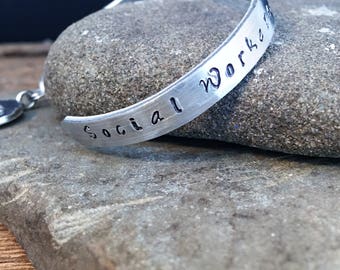 Hand Stamped Social Worker Aluminum Cuff Bracelet With Lotus Charm