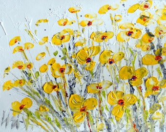 YELLOW FLOWERS 60x48 OIL Impasto Original Painting on Canvas Art by Luiza Vizoli
