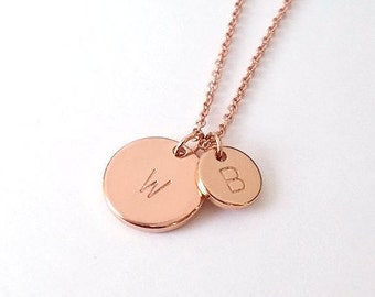 Personalized Two Rose Gold Circle Initial Necklace, Mother Daughter Necklace, His and Hers initial necklace, Mother's Day Gift