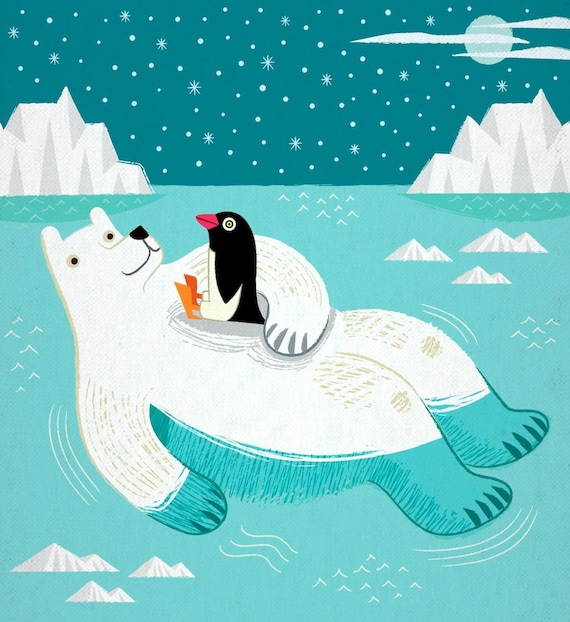 Hitching A Ride - Polar Bear - Penguin - Animal Art - Children's art - Children's Decor - Art Poster Print by Oliver Lake iOTA iLLUSTRATiON