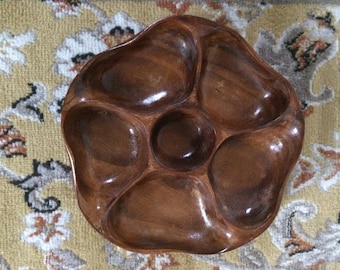 Abstract Floral Wooden Divided Tray Hand Carved Wood Organic