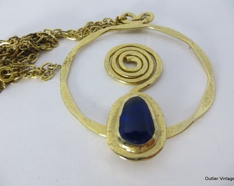 70s Boho Necklace Rafael Canada Modernist Brutalist Gold Plated Coiled Pendant Necklace Rafael 1970s, OOAK