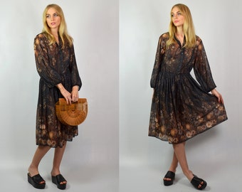 Vintage 70s Sheer Black & Brown Pattern Midi Shirt Dress