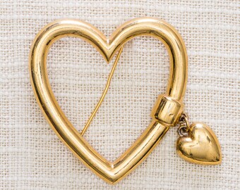 Large Shiny Gold Heart Monet Brooch Vintage Dangling Charm Broach Vtg Pin 7BZ