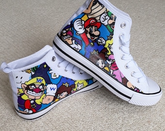 Super Mario Multicharacters, Multicoloured, Hand Decorated Converse Style High Top Shoe