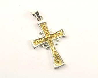 Vintage Religious Two Tone Scroll Cross Pendant 925 Sterling Silver PD 1733