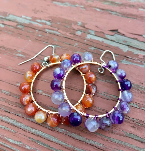 Wire Wrapped Purple Faceted Agate Earrings