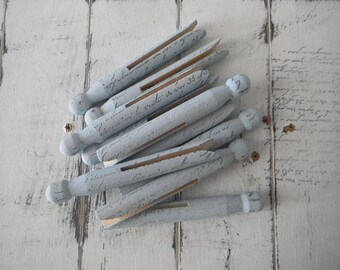 french script weathered pegs old fashioned pegs hand stamped primitive pegs rustic light blue stamped pegs dolly pegs shabby cottage chic 6P