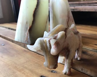 Vintage 1960’s marble, Hand Carved Triangular Bookends/Paperweight and Vintage 1960’s Hand Carved Marble Bull/Taurus