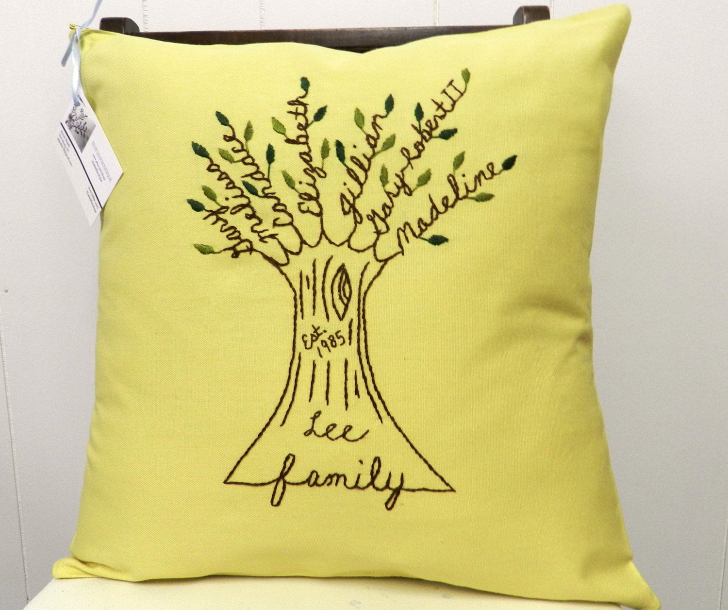 Personalized Family Tree Pillow Cover Hand Embroidered.