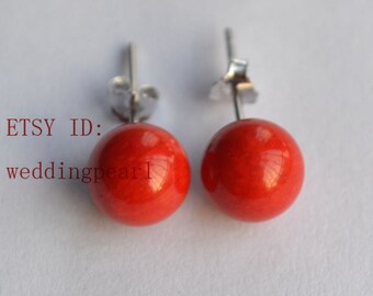 red coral earrings, coral stud earrings, 6mm real coral earings stud, girl friend gift, stone earrings, round bead earing