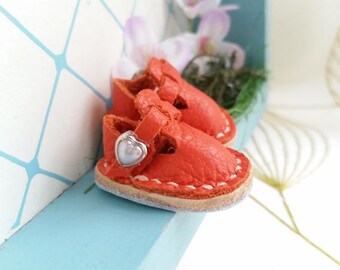Mini Orange Leather T-Strap Shoes For Azone Pure Neemo M Size And Pukifee Neo Blythe Doll Hand Made By MizuSGarden