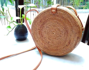 Vintage Round Woven Rattan Bag with Leather Sling Strap