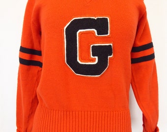 70s Varsity Sweater, Women's Size Medium, Orange Vneck Pullover, G Letterman Patch, Vintage Letterman Shirt, Blue Striped, Hatchers USA