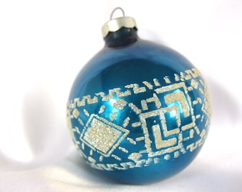 Vintage Blue Christmas Ornament with Geometric Venetian Dew Design, USA Ornament