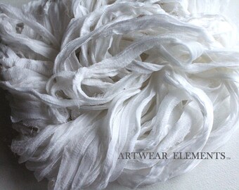 Extra Shabby Chic White Chiffon Sari Silk, Fair Trade, 5 Yards, Silk Textile, Textile Fiber, Yarn, Bracelet Ribbon, ArtWear Elements, #55