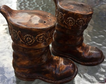 SALE Salt Pepper Shakers Tooled Leather Boots Hand Painted Vintage
