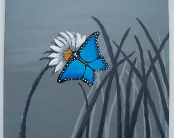 Original Folk Art Painting: Blue Butterfly Reverse Silhouette