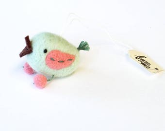 Needle felted miniature ornament - ice mint bird with pink wings, small wool birds, Easter gift, Spring decor