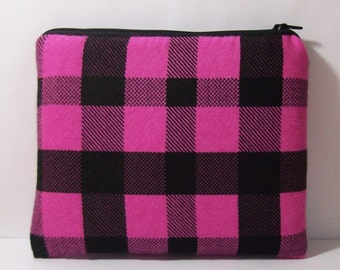 Padded Pipe Pouch, Pink + Black Bag, Plaid Pipe Case, XL Pipe Bag, Stoner Gift, Hipster Bag, Grunge Bag, Gadget Pouch, 7.5" x 6" - X LARGE