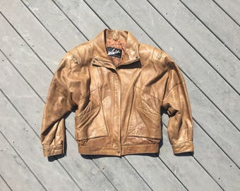 Women's Vintage 90's Soft Brown Leather Bomber Jacket || Cropped Moto Jacket || Small