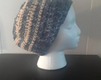 Grey and Blue Striped Crochet Beanie