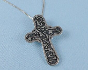 Sterling Brutalist Cross Necklace, Vintage Silver Cross Pendant And Box Chain, Modernist Cross, 925 Silver Cross, Sterling Silver Cross