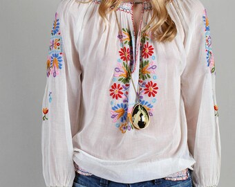 On hold *** Hand Embroidered Peasant Blouse, Hungarian 20s 30s Boho Blouse guaze Women's Bouses, Top